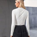 White Ruched Jersey Knit Top For Women Casual Long Sleeve Fitted Pullovers Top 2023 Spring Autumn Knitted Basic Tee Streetwear, ibuyxi.com