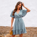 Flared Sleeve V-neck Ruffle Mini Dress For Women Sexy Tie Waist A-line Dress 2023 Summer Female Dress, ibuyxi.com