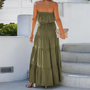 Olive Green Belted Tube Maxi Dress For Women Sexy Strapless Long Beach Holiday A-line Dress 2023 Summer Sundress, ibuyxi.com