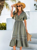 Green V-neck Lace Trim Maxi Dress For Women Sexy Short Sleeve Elastic Waist Long Beach Holiday A-line Dress 2023 Summer Sundress, ibuyxi.com