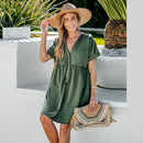 Green V-Neck Button Mini Dress For Women Sexy Short Sleeve Casual Loose Babydoll Dress 2023 Summer Female Sundress, ibuyxi.com