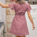 Pink V-neck Flared Short Sleeve Mini Dress Women Sexy Wrap Tie Ruffled A-line Holiday Beach Dress 2023 Summer Female Dress, ibuyxi.com