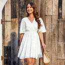 White Floral Jacquard Flowy Chiffon Mini Dress For Women Sexy V-neck Ruffled Short Sleeve A-line Dress 2023 Summer Female Dress, ibuyxi.com