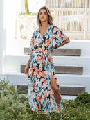 Blue Tropical Floral Maxi V-neck Dress For Women Sexy Short Sleeve A-line Holiday Beach Split Dress 2023 Summer Female Sundress, ibuyxi.com