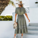 Green V-neck Lace Trim Maxi Dress For Women Sexy Short Sleeve Elastic Waist Long Beach Holiday A-line Dress 2023 Summer Sundress, ibuyxi.com