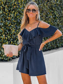 Belted Open Shoulder V-neck Ruffled Bodysuit Romper, ibuyxi.com