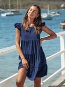 Ruffled Mini Babydoll Mini Dress For Women Navy Blue Sexy O-neck Cap Sleeve Holiday Beach Loose Dress 2023 Summer Female Dress, ibuyxi.com