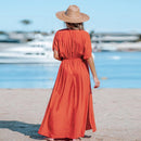 Orange Surplice Ruched Maxi Dress For Women Sexy Elasticized Waist Short Sleeve Long A-line Beach Dress 2023 Summer Sundress, ibuyxi.com