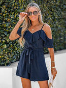 Belted Open Shoulder V-neck Ruffled Bodysuit Romper, ibuyxi.com