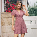 Pink V-neck Flared Short Sleeve Mini Dress Women Sexy Wrap Tie Ruffled A-line Holiday Beach Dress 2023 Summer Female Dress, ibuyxi.com