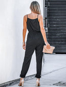 Black Drawstring  Jogger Jumpsuit For Women Casual V-neck Sleeveless Cami Straps Playsuit 2023 Summer Overalls Romper Jumpsuit, ibuyxi.com