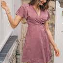 Pink V-neck Flared Short Sleeve Mini Dress Women Sexy Wrap Tie Ruffled A-line Holiday Beach Dress 2023 Summer Female Dress, ibuyxi.com