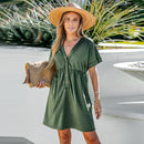 Green V-Neck Button Mini Dress For Women Sexy Short Sleeve Casual Loose Babydoll Dress 2023 Summer Female Sundress, ibuyxi.com