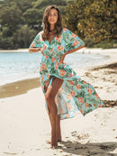 Green Tropical Floral Print Maxi Dress For Women Sexy V-neck Short Sleeve A-line Holiday Beach Dress Summer Female Sundress, ibuyxi.com