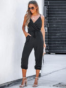Black Drawstring  Jogger Jumpsuit For Women Casual V-neck Sleeveless Cami Straps Playsuit 2023 Summer Overalls Romper Jumpsuit, ibuyxi.com