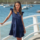 Ruffled Mini Babydoll Mini Dress For Women Navy Blue Sexy O-neck Cap Sleeve Holiday Beach Loose Dress 2023 Summer Female Dress, ibuyxi.com