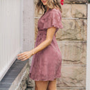 Pink V-neck Flared Short Sleeve Mini Dress Women Sexy Wrap Tie Ruffled A-line Holiday Beach Dress 2023 Summer Female Dress, ibuyxi.com