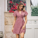 Pink V-neck Flared Short Sleeve Mini Dress Women Sexy Wrap Tie Ruffled A-line Holiday Beach Dress 2023 Summer Female Dress, ibuyxi.com