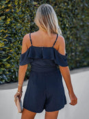 Belted Open Shoulder V-neck Ruffled Bodysuit Romper, ibuyxi.com