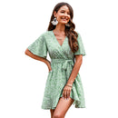 Green Ditsy Floral V-neck Belted Mini Dress For Women Sexy Wrap Tie Short Sleeve A-line Beach Dress 2023 Summer Female Dress, ibuyxi.com