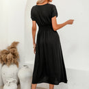 Black V-Neck Slit Maxi Dress For Women Sexy Banded Waist Short Sleeve Holiday Beach A-line Dress 2023 Summer Female Dress, ibuyxi.com