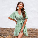 Green Ditsy Floral V-neck Belted Mini Dress For Women Sexy Wrap Tie Short Sleeve A-line Beach Dress 2023 Summer Female Dress, ibuyxi.com
