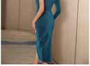 One Shoulder Long Sleeve Bodycon Split Runway Evening Midi Dress, ibuyxi.com