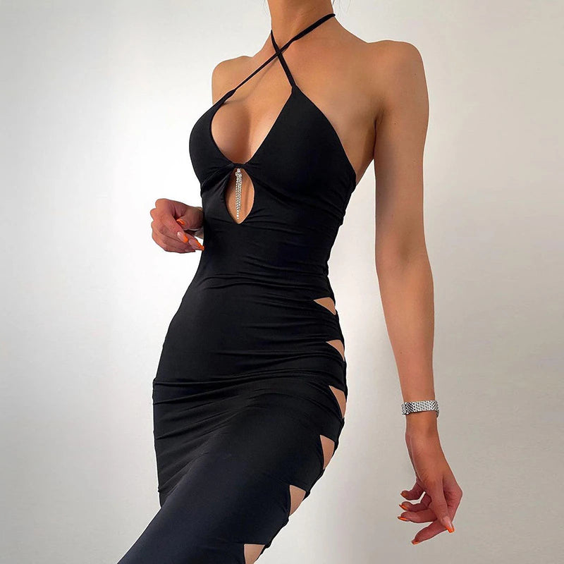 Halter Cutout Backless Bodycon Maxi Dress, IBUYXI.COM