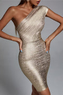 One Shoulder Foiling Print Rayon Bandage Dress - view 7