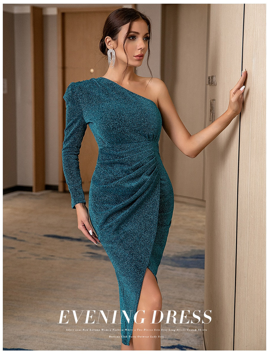 One Shoulder Long Sleeve Bodycon Split Runway Midi Dress