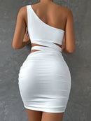 Hollow Out One Shoulder Sleeveless Crop Top Mini Dress, ibuyxi.com