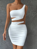 Hollow Out One Shoulder Sleeveless Crop Top Mini Dress, ibuyxi.com