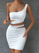 Hollow Out One Shoulder Sleeveless Crop Top Mini Dress, ibuyxi.com