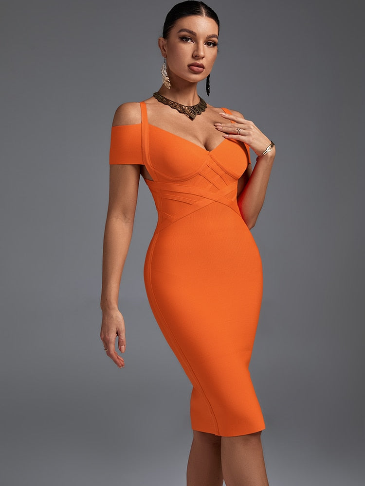 Elegant Orange Off Shoulder Midi Outfit, ibuyxi.com