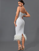 Elegant White Feather Bandage Midi Dress, ibuyxi.com