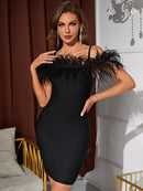 Black Feather Off Shoulder Mini Bodycon Dress, ibuyxi.com