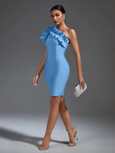 Elegant Blue Ruffle One Shoulder Bodycon Dress, ibuyxi.com
