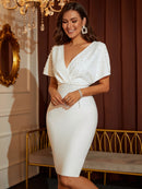 White V Neck Short Sleeve Pearl Studded Mini Dress, iBuyxi.com