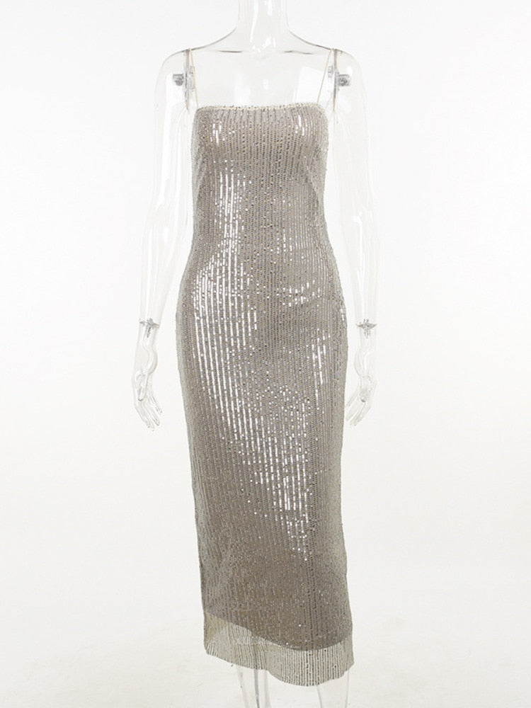 Mozizen Spaghetti Strap Sparkle Glitter Maxi Dress, iBuyxi.com