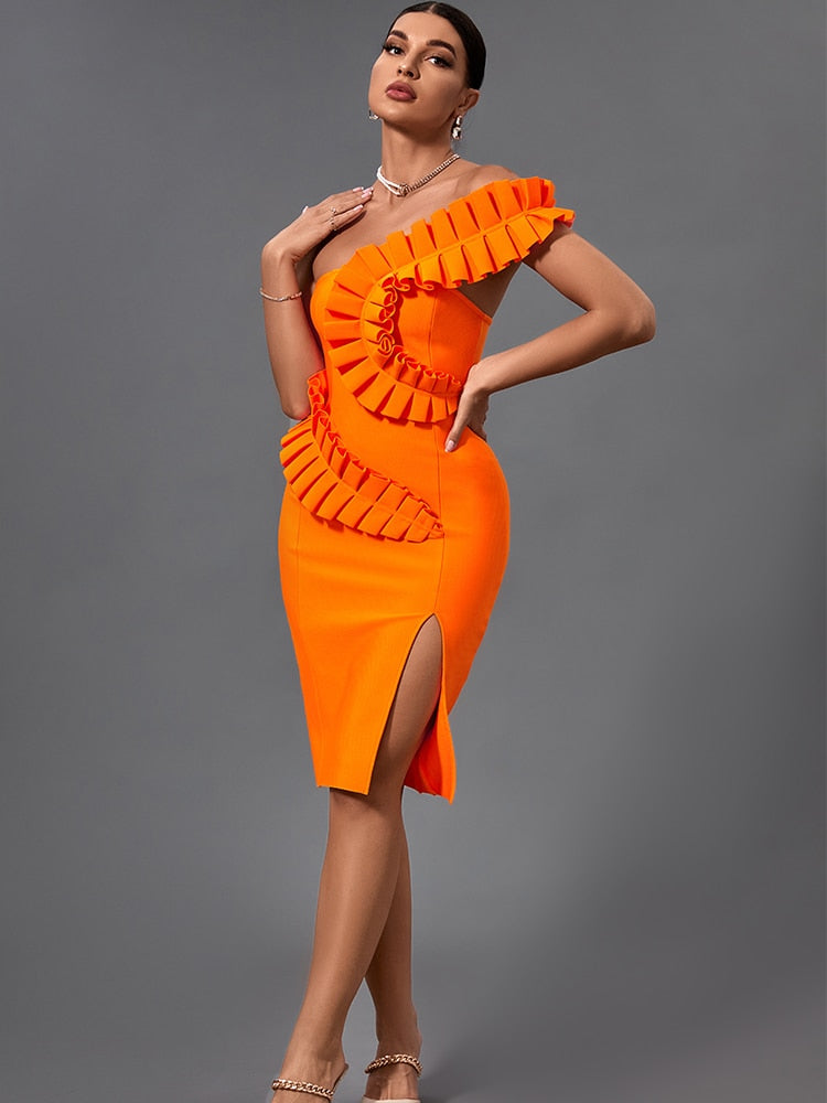 High Quality Orange Ruffle Bandage Dress, ibuyxi.com