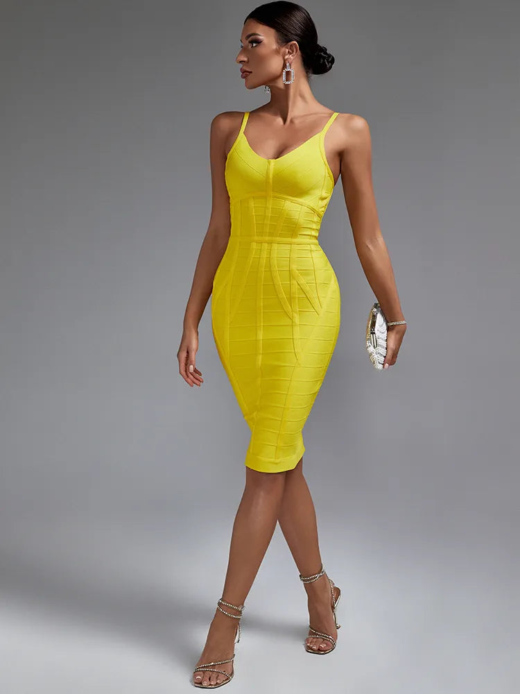 Elegant Yellow Ribbed Spaghetti Strap Bodycon Dress, ibuyxi.com