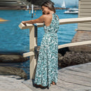 Green Tropical Leaf Print Halter Maxi Dress For Women Sexy Elasticized Waist Long Beach Holiday A-line Dress Summer Sundress, ibuyxi.com