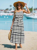 Geo Print Belted Maxi Dress For Women Sexy V-neck Spaghetti Straps Holiday Beach A-line Dress 2023 Summer Female Sundress, ibuyxi.com