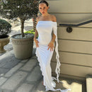 Off-shoulder Backless Sleeveless Ruffle Thigh High Split Maxi Dress, ibuyxi.com
