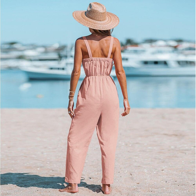 Cotton Bow V-Neck Wide Straps Jumpsuit For Women Sexy Straight Leg Long Playsuit 2023 Summer Overalls Romper Jumpsuit, ibuyxi.com