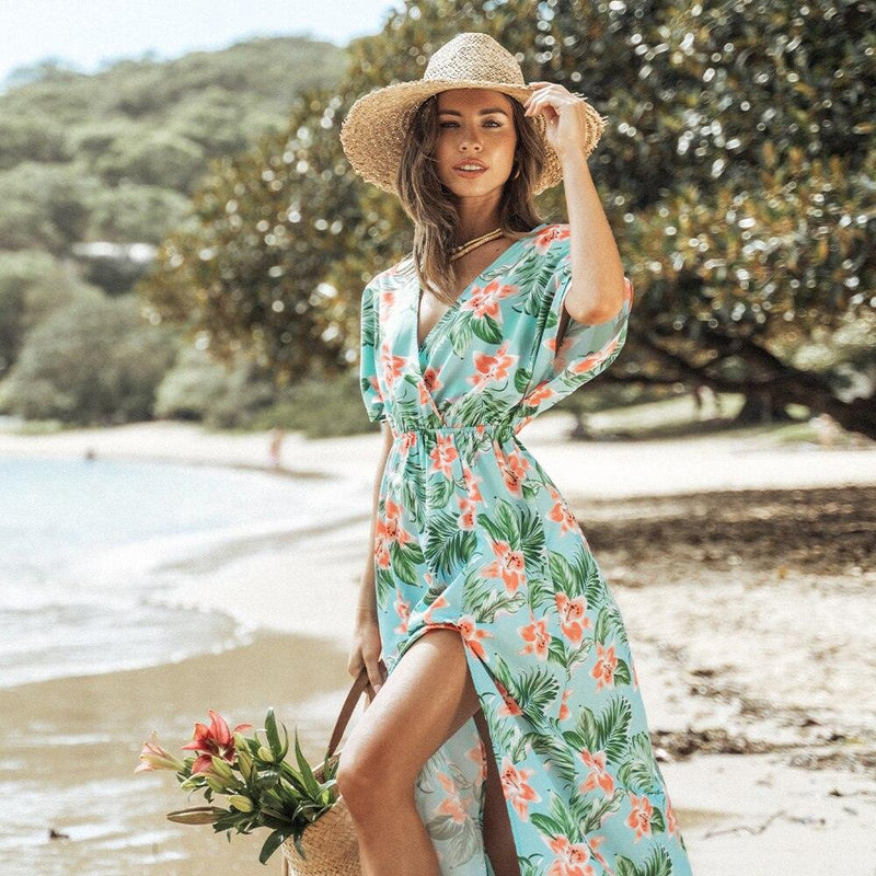 Green Tropical Floral Print Maxi Dress For Women Sexy V-neck Short Sleeve A-line Holiday Beach Dress Summer Female Sundress, ibuyxi.com