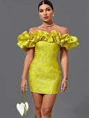 High Quality Yellow Jacquard Ruffle Mini Dress. ibuyxi.com