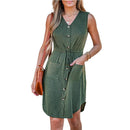 Drawstring Button Front V-neck Sleeveless A-Line Mini Dress, ibuyxi.com