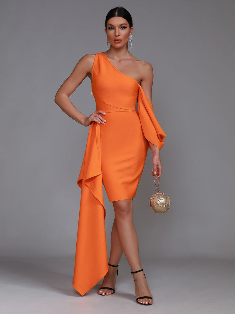 Bodycon Ruffle One Shoulder Orange Bandage Dress, ibuyxi.com