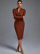 Elegant Draped Long Sleeve Midi Bandage Dress, ibuyxi.com